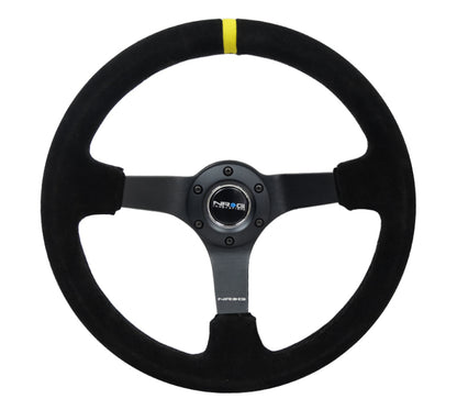 NRG Reinforced Steering Wheel (350mm / 3in. Deep) Blk Suede/X-Stitch w/5mm Blk Spoke & Yellow CM