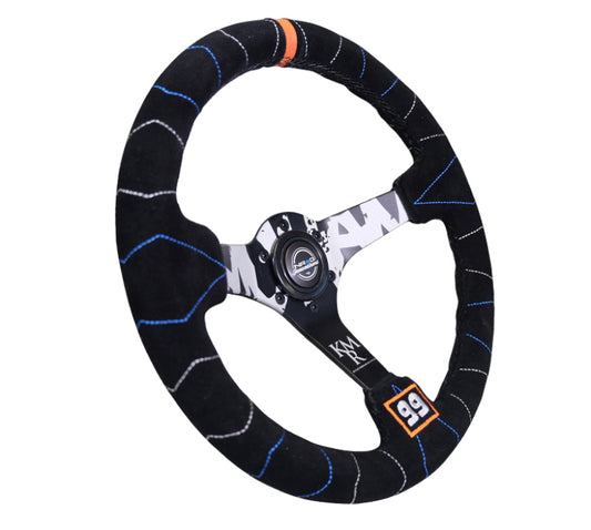 NRG Reinforced Steering Wheel (350mm / 3in. Deep) Blk Suede w/Color Stitch (Kyle Mohan Edition)