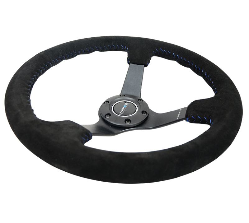 NRG Reinforced Steering Wheel (350mm / 3in. Deep) Blk Suede/Blue BBall Stitch w/5mm Matte Blk Spokes