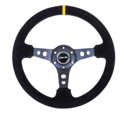 NRG Reinforced Steering Wheel (350mm / 3in. Deep) Blk Suede w/Circle Cut Spokes & Single Yellow CM