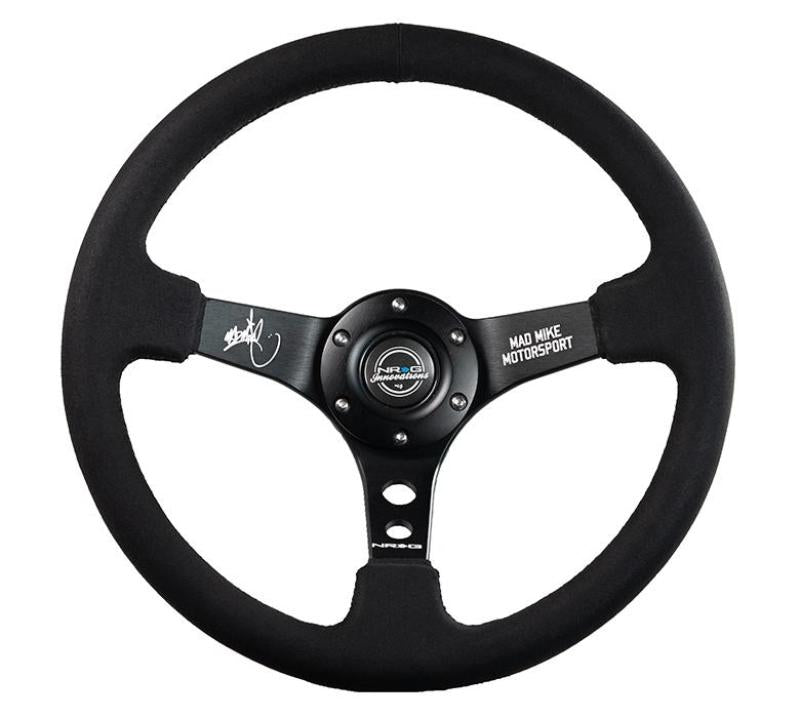 NRG Reinforced Steering Wheel (3in. Deep) Mad Mike /5mm Spoke/ Alcantara Finish/ Black Stitching