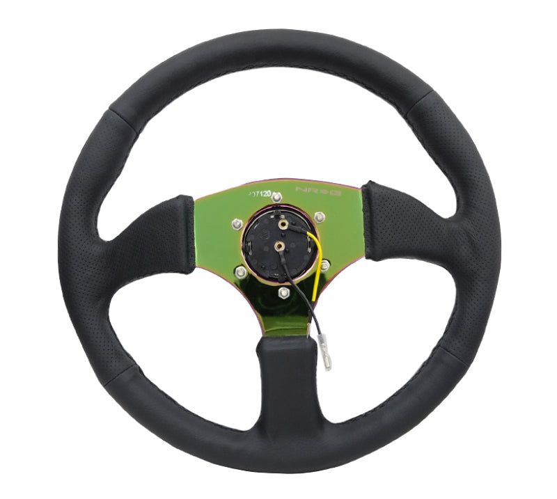 NRG Reinforced Steering Wheel (350mm / 2.5in. Deep) Leather Race Comfort Grip w/4mm Neochrome Spokes