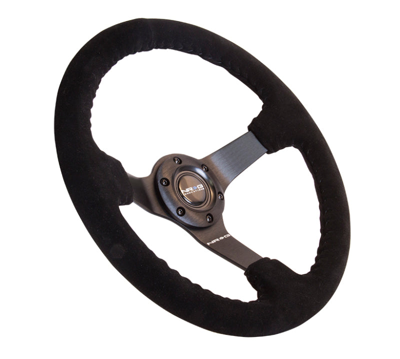 NRG Reinforced Steering Wheel (350mm / 3in. Deep) Blk Suede w/Blk BBall Stitch (Odi Bakchis Edition)